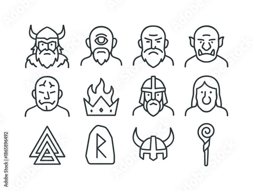 Mythical Giants Icons. Tales of giants ? Mythical Giants. Line icon set of Tales of giants ? Mythical Giants: Norse frost giant, cyclops eye, bearded face,
