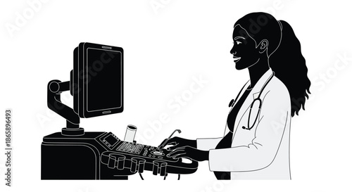 a medical professional utilizing ultrasound technology with a computer at her workstation depicted as a silhouette