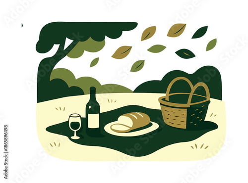Serene Picnic Scene. Picnic in a glade. A blanket rests in a warm patch of sunlight, leaves drifting lightly overhead. Friendly curved shapes highlight