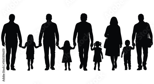 a family of six individuals standing closely together depicted in a striking black silhouette high quality