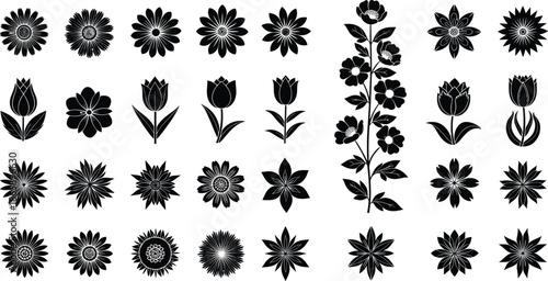 Black flower silhouette icon set with daisy, tulip, sunflower, and rose elements, floral botanical vector collection for garden nature logo design,