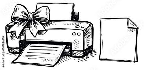Line art illustration of a printer depicting a gift bow and document output for office technology concepts
