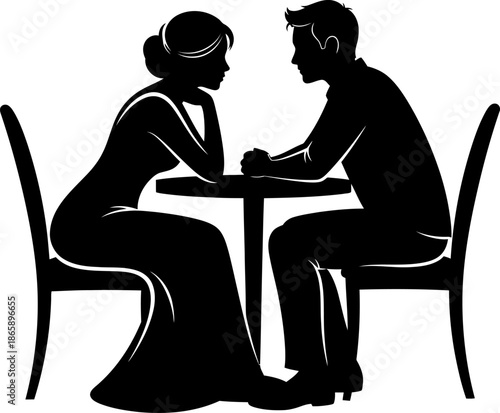 Romantic couple sitting at table enjoying dinner date silhouette vector