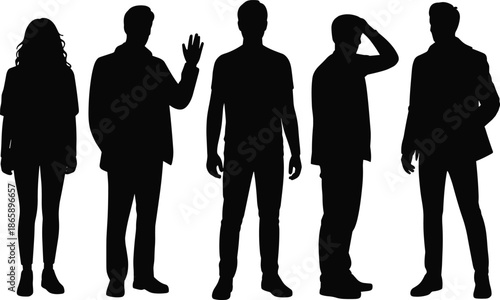 Silhouette, group, of, five, people, standing, together, black, shadow, figures, isolated, on, white, background, business, teamwork, modern, human, profiles, concept