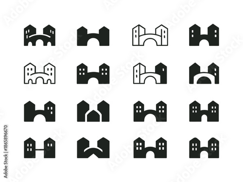 Skybridge Logo Variations. Skybridge. Icon set. Set Logo of skybridge: rooftop-level bridge. harmonious logo variations of the same emblematic concept, each