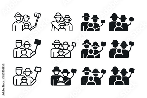 Family Vacation Icons. taking a family vacation photo. Icon set. Set Logo of taking a family vacation photo: family using selfie stick. harmonious logo