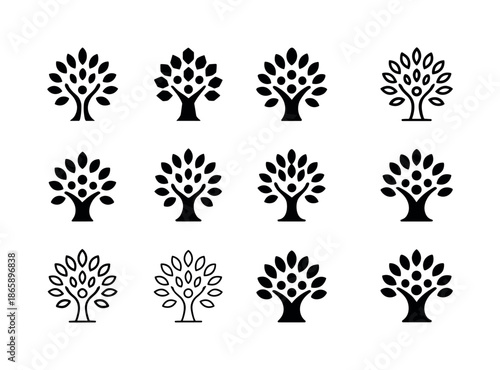 Unity Tree Icons. Group therapy. Icon set. Set Logo of group therapy: unity tree. harmonious logo variations of the same emblematic concept, each