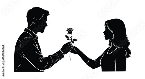 A romantic gesture unfolds as a man offers a rose to a woman a striking black silhouette