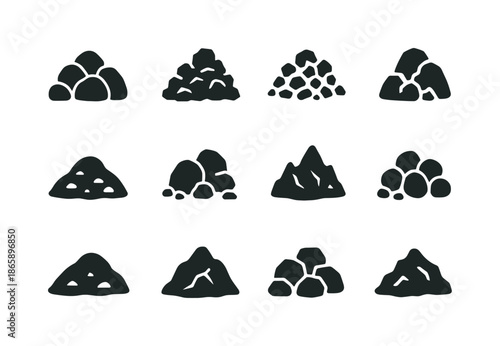 Rocky Mound Icons. Rocky mounds. Solid icon set of Rocky mounds: stone mound, rocky pile, rubble mound, broken rock heap, gravel bump, boulder mound, jagged