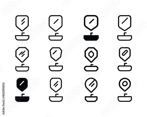 Bathroom Mirror Logos. Adding a new mirror in the bathroom. Icon set. Set Logo of adding a new mirror in the bathroom: mirror placement marker. harmonious logo