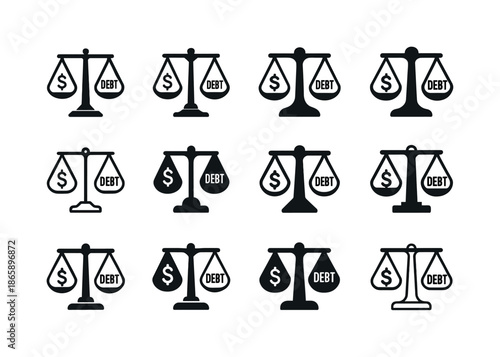 Debt Balance Icon Set. Paying off debts and credit obligations. Icon set. Set Logo of Paying off debts and credit obligations: balance scale. harmonious logo