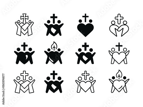 Sacred Heart Logos. Catholic mission work. Icon set. Set Logo of Catholic mission work: sacred heart outreach. harmonious logo variations of the same
