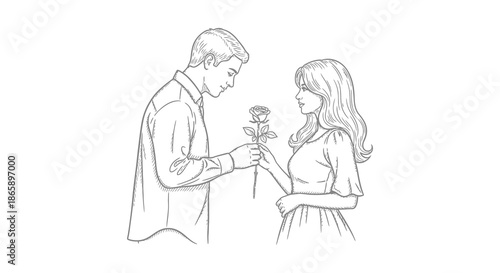 a tender moment depicted in a drawing of a man offering a rose to a woman silhouette