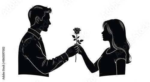A romantic gesture of a man offering a rose to a woman presented in black silhouette
