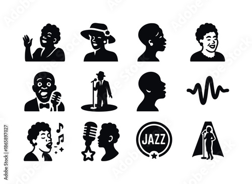 Famous Jazz Icons. Famous jazz singers. Solid icon set of Famous jazz singers: Ella pose, Billie hat, Nina profile, Sarah icon, Louis mic, Nat stage, vocal