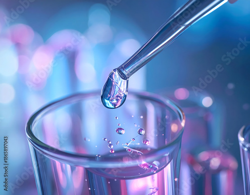 Close-up view of a pipette dispensing a liquid drop into a test tube