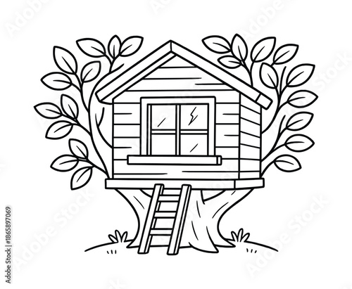 Treehouse Coloring Page. Treehouse window children?s coloring book illustration, outlined drawing, a cute treehouse with a slightly cracked windowpane and