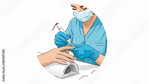 Person in mask and gloves applies polish to fingernail near a UV lamp