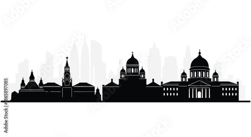A striking black cityscape view featuring iconic architectural structures presented as a captivating silhouette high quality