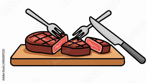Delicious grilled steaks served with cutlery on a wooden board