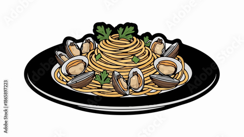 Delicious pasta with fresh clams and parsley on a black plate