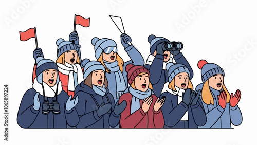 Excited spectators in winter gear cheer and watch with binoculars and flags