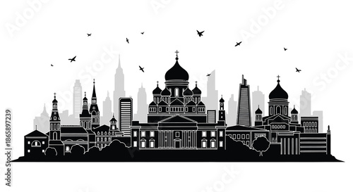 A striking monochrome skyline of a city with prominent architecture and flying birds a beautiful silhouette