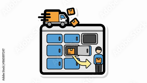 Delivery truck unloads packages into a digital locker system for customer pickup