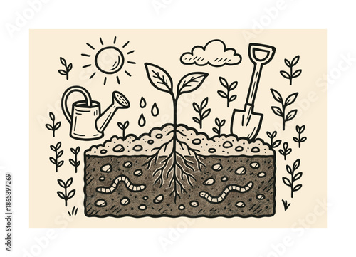 Fertile Soil Illustration. Fertile soil. Hand-drawn doodle illustration Fertile soil soil layers, sprouts, roots, shovel, watering can, worms, stones, sun,