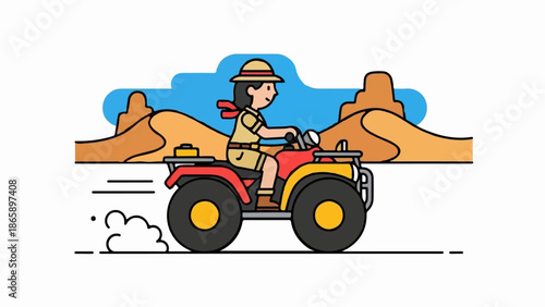 Person in safari attire riding an ATV through desert dunes under a blue sky