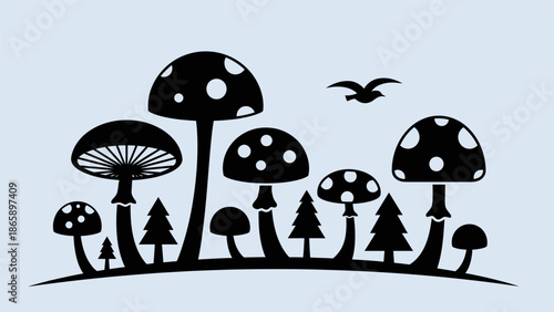 Black silhouette of mushrooms and trees.