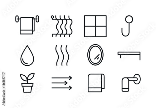Bathroom Icon Set. Bathroom drying. Line icon set of bathroom drying: towel on rack, radiator icon, bathroom tile, hook, droplet, steam lines, mirror outline,