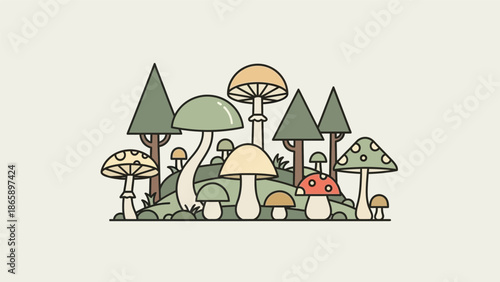 A whimsical illustration of various mushrooms.