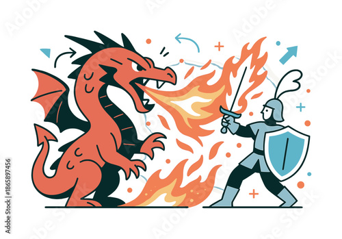 Dragon's Fiery Breath. Dragon fire. A fierce dragon breathes a torrent of flames at a shielded knight, fire curling around a raised sword. Glowing embers float