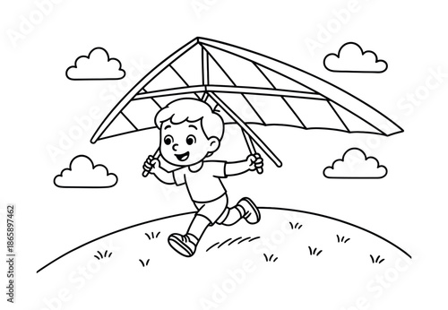 Hang Gliding Adventure. Taking off for hang gliding children?s coloring book illustration, outlined drawing, child running with a cartoon hang glider on a