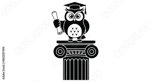 an owl perched atop a classical column holding a diploma representing wisdom and academic achievement silhouette