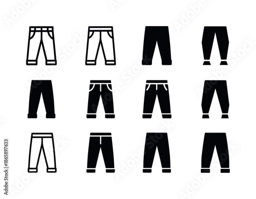 Stylish Pants Icons. Pants. Icon set. Set Logo of pants: cuffed chinos. harmonious logo variations of the same emblematic concept, each with different artistic