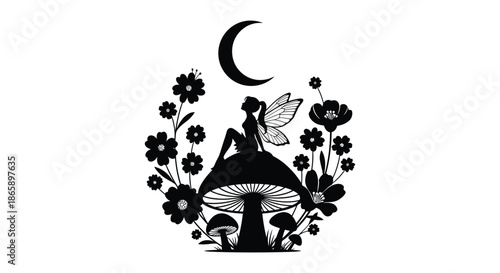 a whimsical scene depicting a fairy perched atop a mushroom surrounded by flowers under a crescent moon silhouette