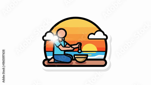 Person kneeling on sand by water, preparing food with bowl and spoon at sunset