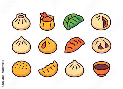 Colorful Dumplings & Buns. Dumplings & buns. Colorful isometric vector icons set of dumplings & buns: pork-filled dumpling, shrimp shumai, veggie gyoza, bao