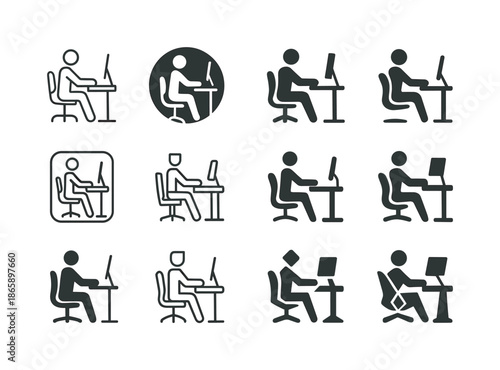 Ergonomic Logo Set. Workplace ergonomics. Icon set. Set Logo of workplace ergonomics: ergonomic workspace layout. harmonious logo variations of the same
