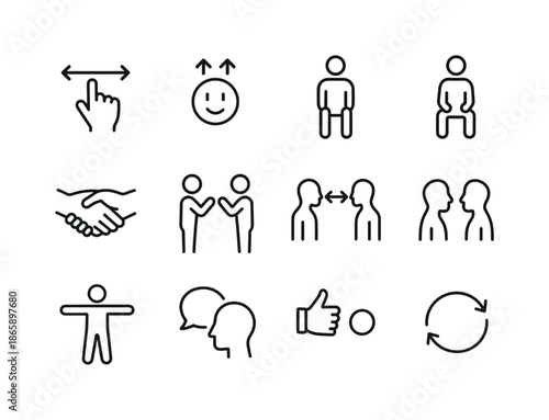 Interactive Behavior Icons. Interactive behavior. Line icon set of Interactive behavior: gesture arrows, nodding head, attentive posture, handshake start,