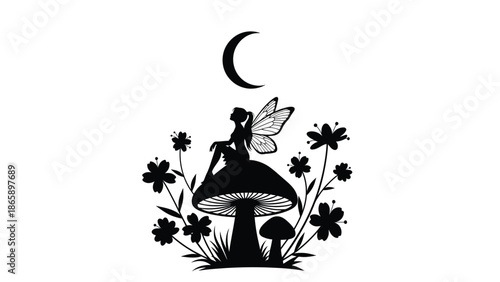 a delicate fairy perched upon a mushroom under a crescent moon showcasing a magical scene silhouette