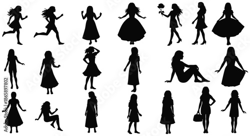 A collection of diverse female figures depicted in stark black silhouettes showcasing various poses and attire silhouette