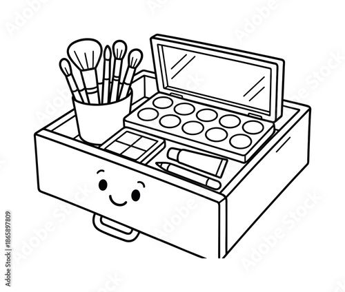 Makeup Coloring Page. Makeup storage drawer open children?s coloring book illustration, outlined drawing, friendly open drawer with neatly arranged makeup