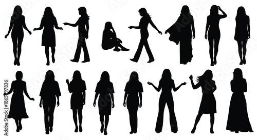 a collection of diverse female figures in black showcasing various poses and clothing styles silhouette