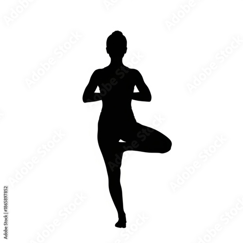 Woman practicing yoga in tree pose on a serene white background