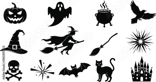 Black Halloween silhouette icon set with pumpkin, ghost, witch on broomstick, haunted castle, and spooky holiday symbols, isolated vector illustration elements.