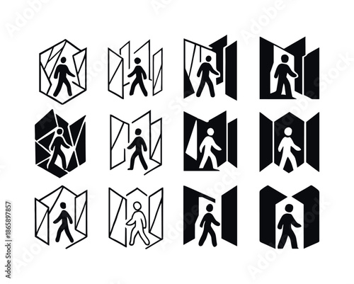 Mirror Maze Icons. wandering through a maze of mirrors. Icon set. Set Logo of wandering through a maze of mirrors: crystal mirror shard. harmonious logo