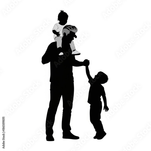 A father holding a child on his shoulders and holding hands with another child, walking together in a joyful family moment